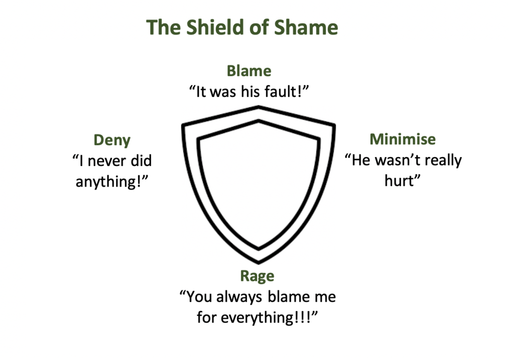 The Shield of Shame — four shame responses: lie, blame, minimise, rage